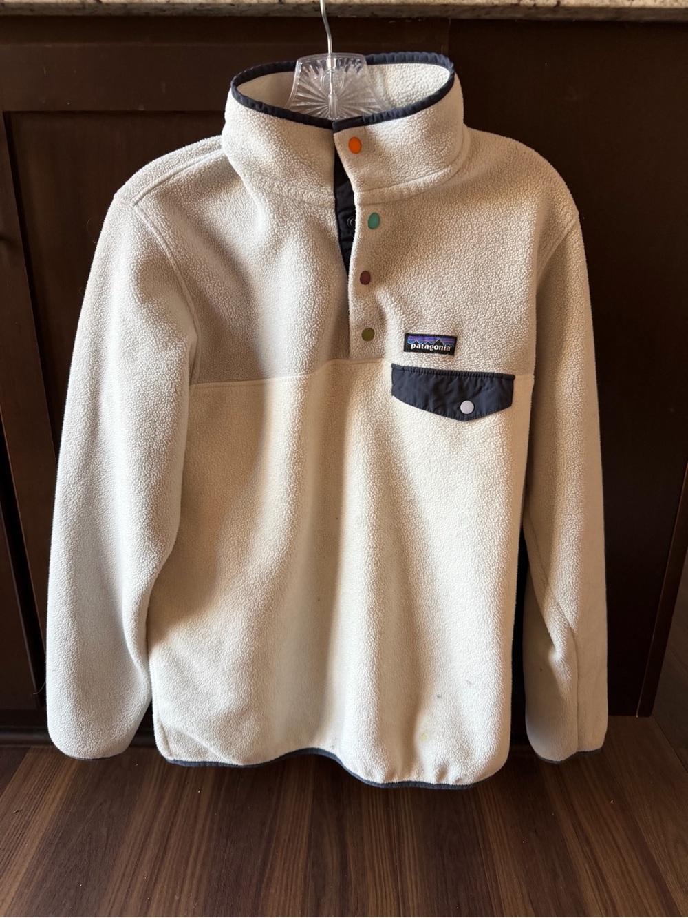 Patagonia Cream Snap-t fleece Pullover with Navy Pocket and Multicolor Snaps